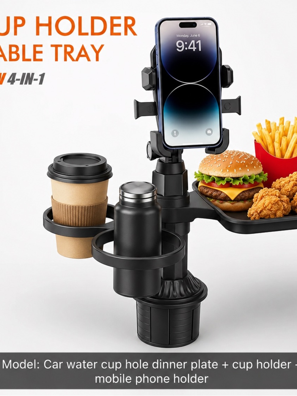 Universal Black 4-in-1 Car Phone Holder with Cup Rings and Tray